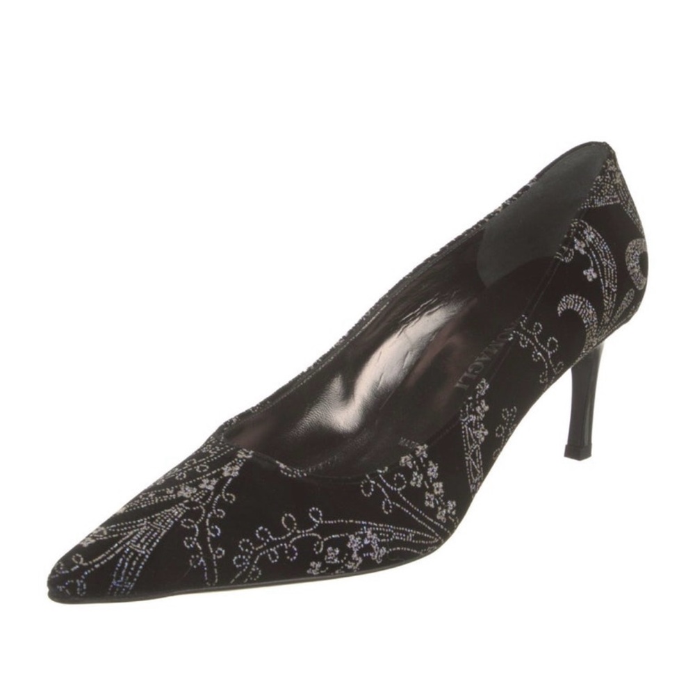 Bruno Magli Velvet Floral Pumps Black Silver Glitter Pointed Toe IT 39US 9 Italy